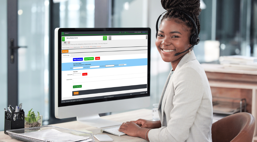 A medical call center operator uses scripting while working from home.