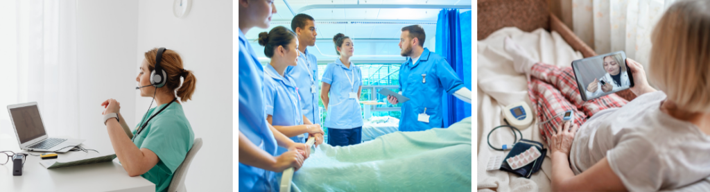 Nurses using technology in various healthcare settings.